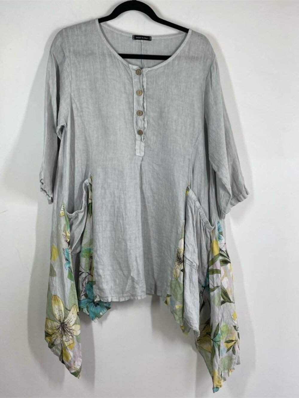 Made in Italy Linen Tunic Top Grey Floral Lagenlook Boho Oversized One Size - Picture 2 of 14